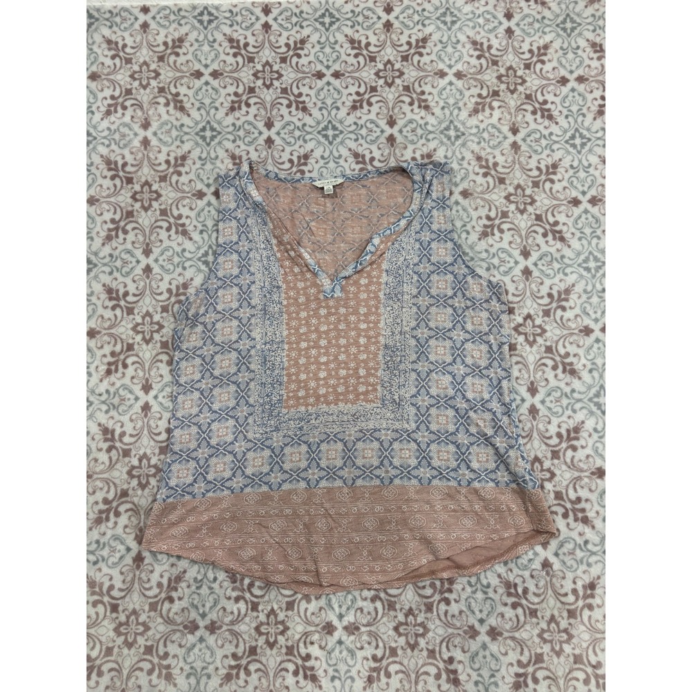 Lucky Brand Womens Blue Rose Mixed Tile Print Sleeveless Split Neck Top L